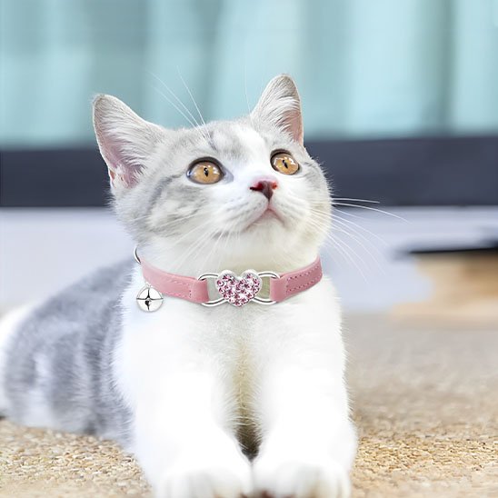 Collier chat rose élastique avec cœur et clochette