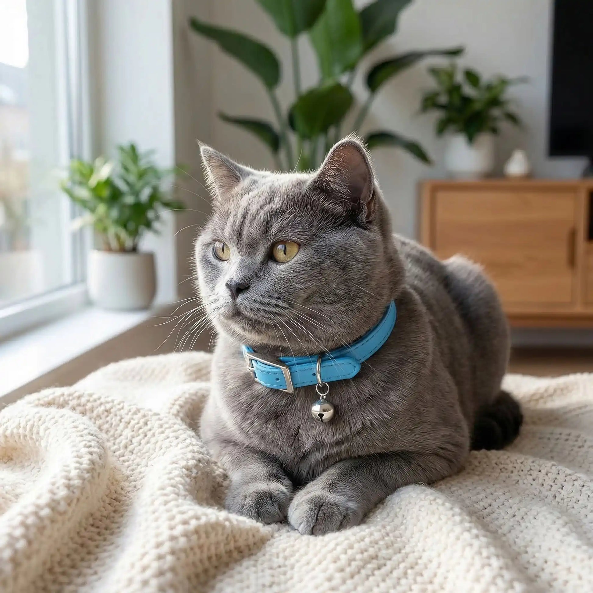 Collier cuir chat anti étranglement bleu