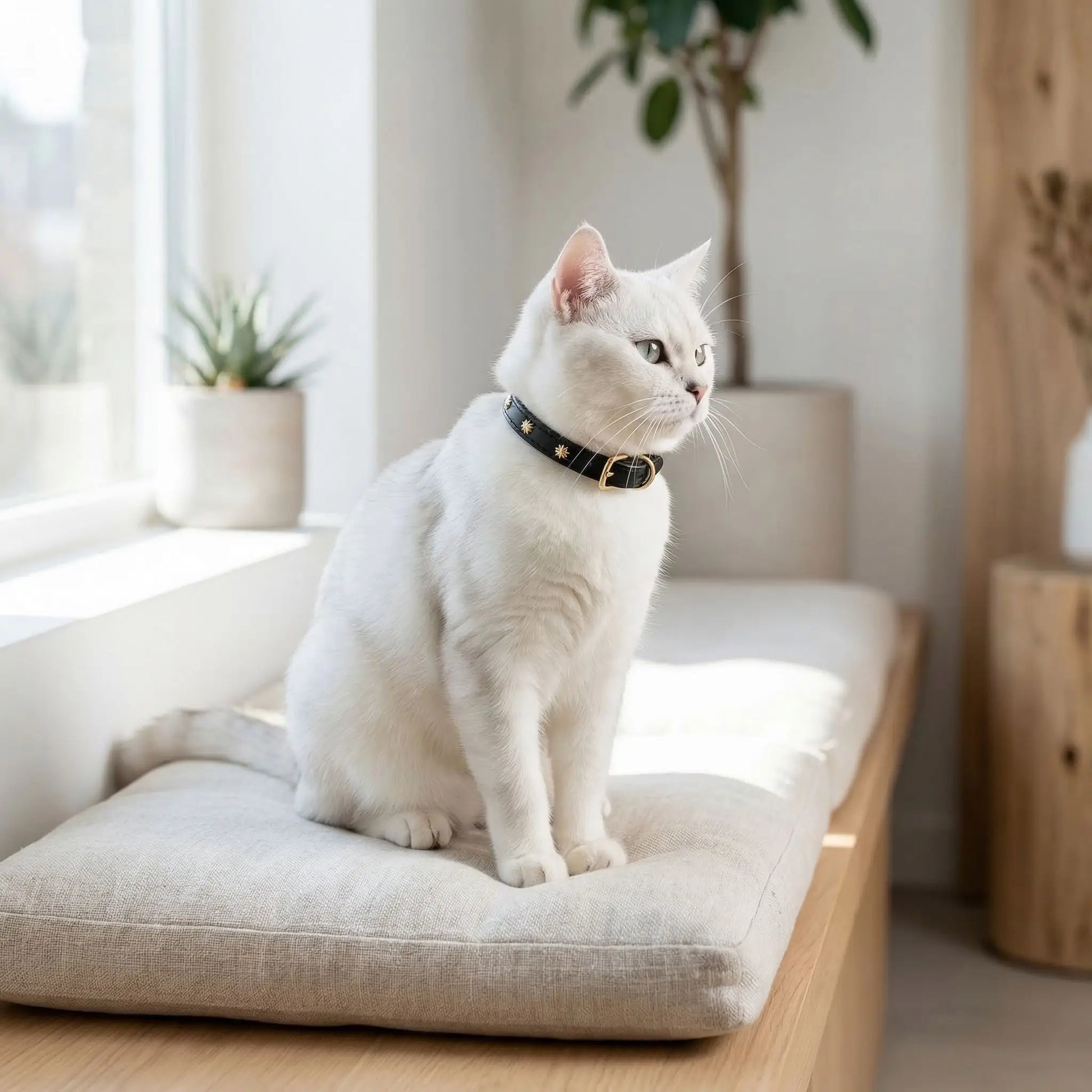 collier cuir chat avec motifs dorés noir