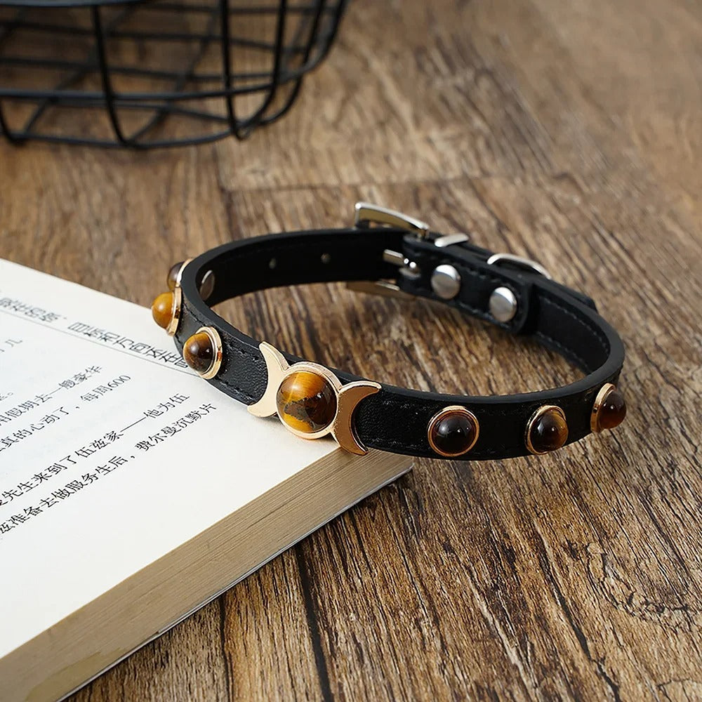 Collier cuir pour chat décoration yeux de tigre noir