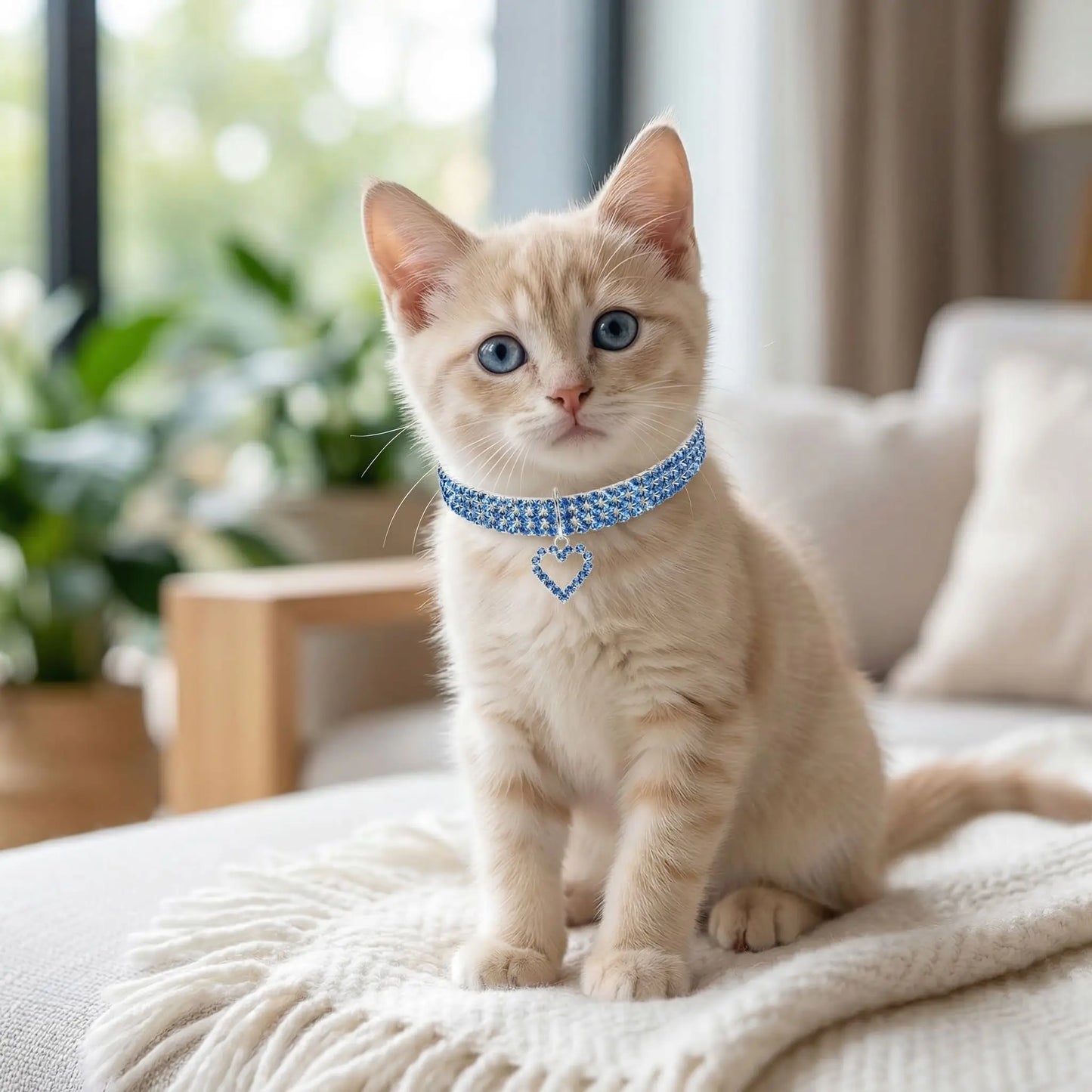 Collier pour chaton strass avec cœur  bleu