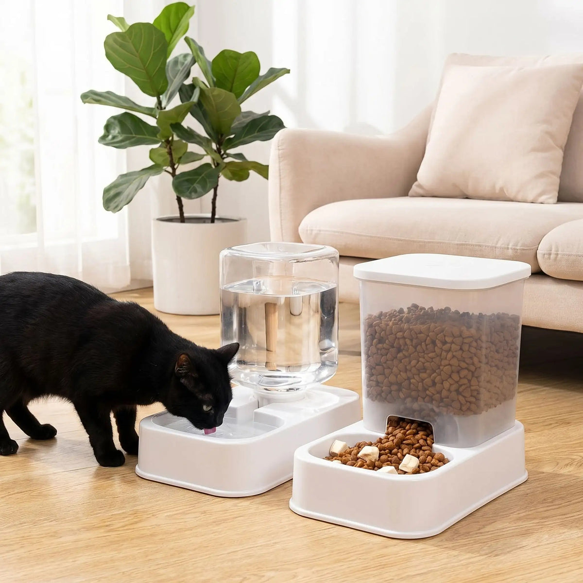 DISTRIBUTEUR CROQUETTES ET EAU CHAT | BLANC - Leschamour