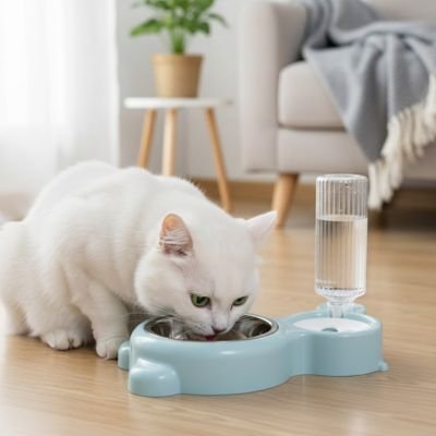 Distributeur eau croquette chat 2 en 1 bleu