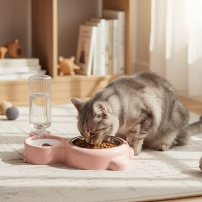 Distributeur eau croquette chat 2 en 1 rose