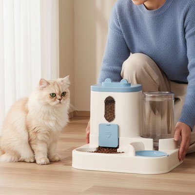Distributeur eau croquette chat gravité bleu