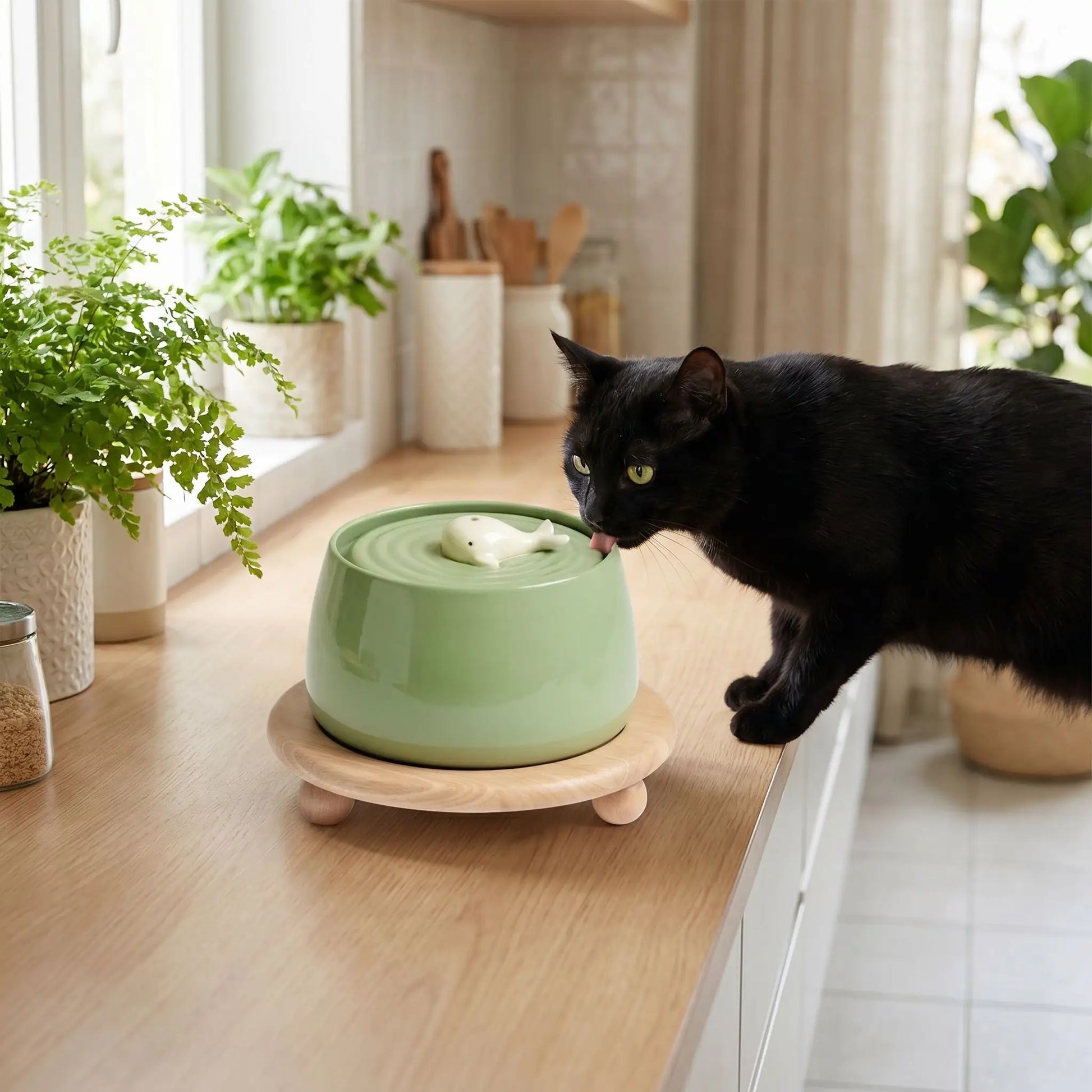 fontaine a eau chat ceramique avec support en bois 1.3L