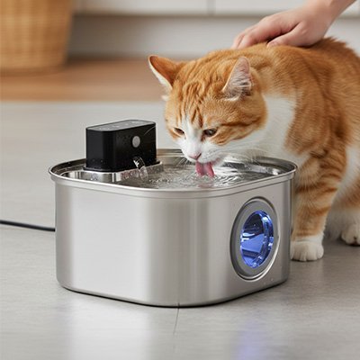 Fontaine a eau sans fil chat en acier inoxydable