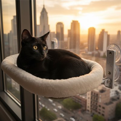Hamac fenetre Chat coucher de soleil