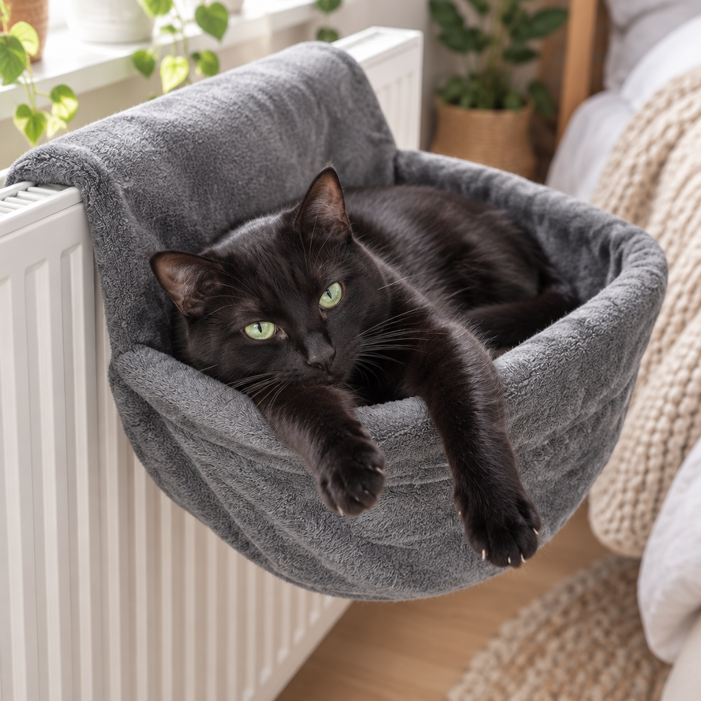Chat noir qui s'étire dans un hamac chat radiateur en coton doux
