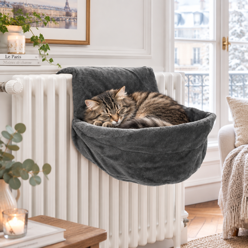 Chat tigré endormi dans un hamac chat radiateur gris accroché à un radiateur