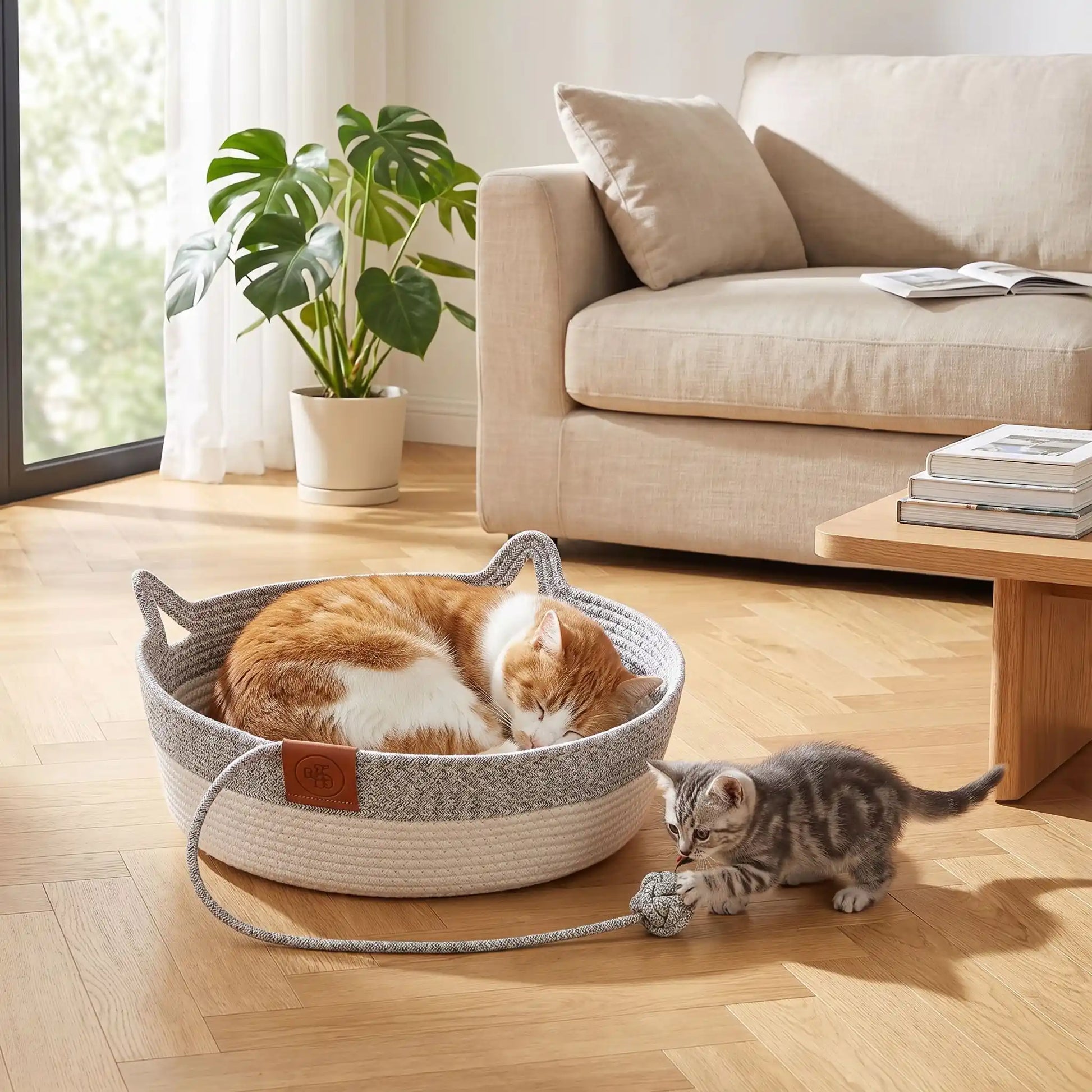 panier chat osier rotin gris et blanc